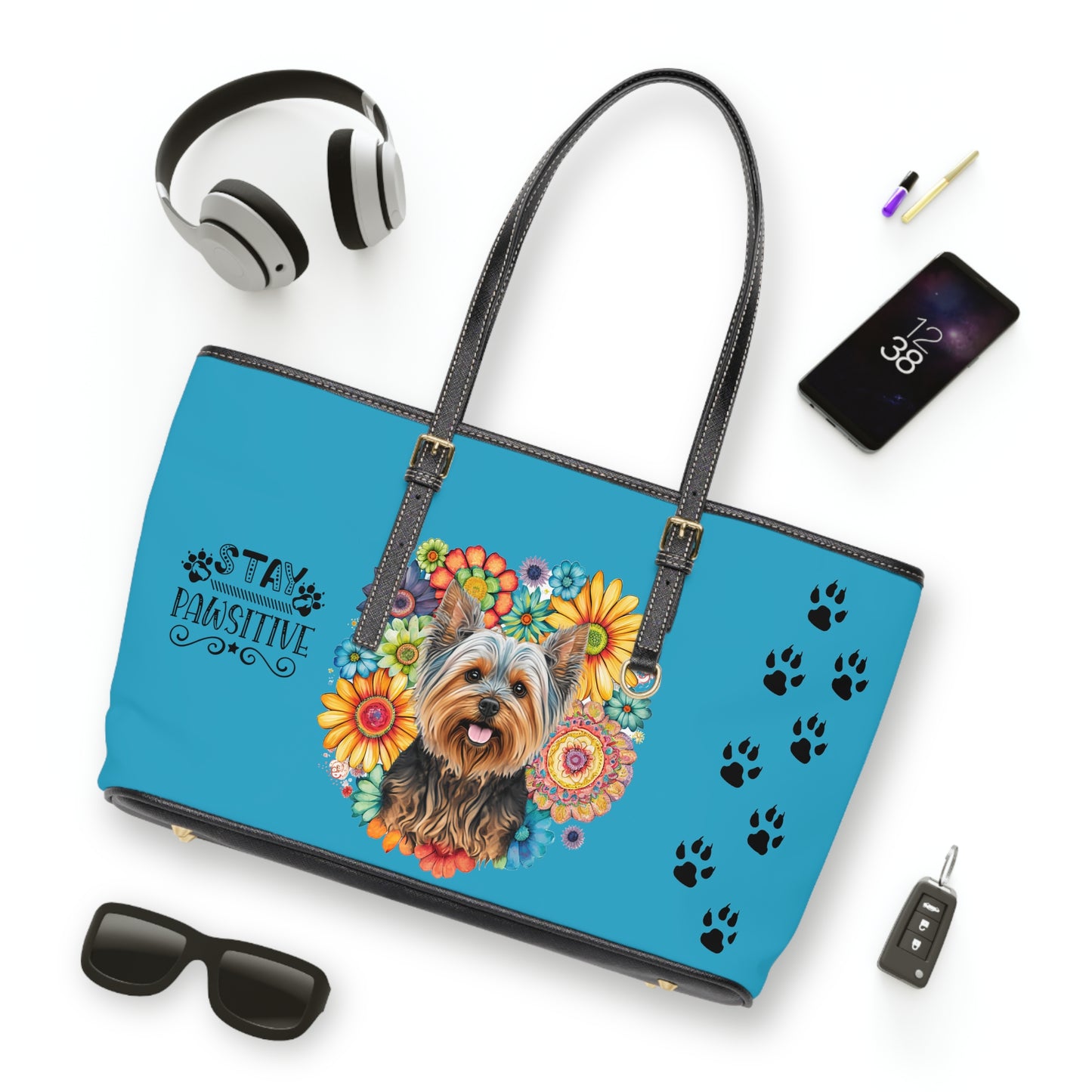 Yorkshire Terrier Leather Shoulder Bag Turquoise two Yorkie pictures You Had Me at Woof Stay Pawsitive