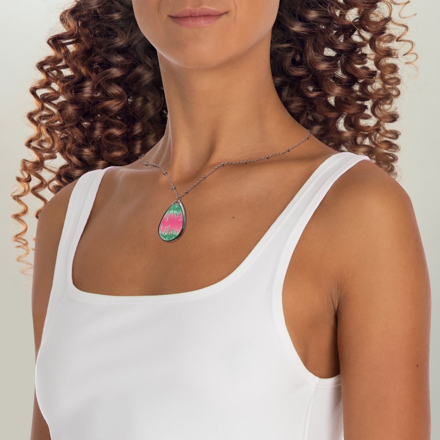 Pink and Green Glitter Drips Oval Necklace