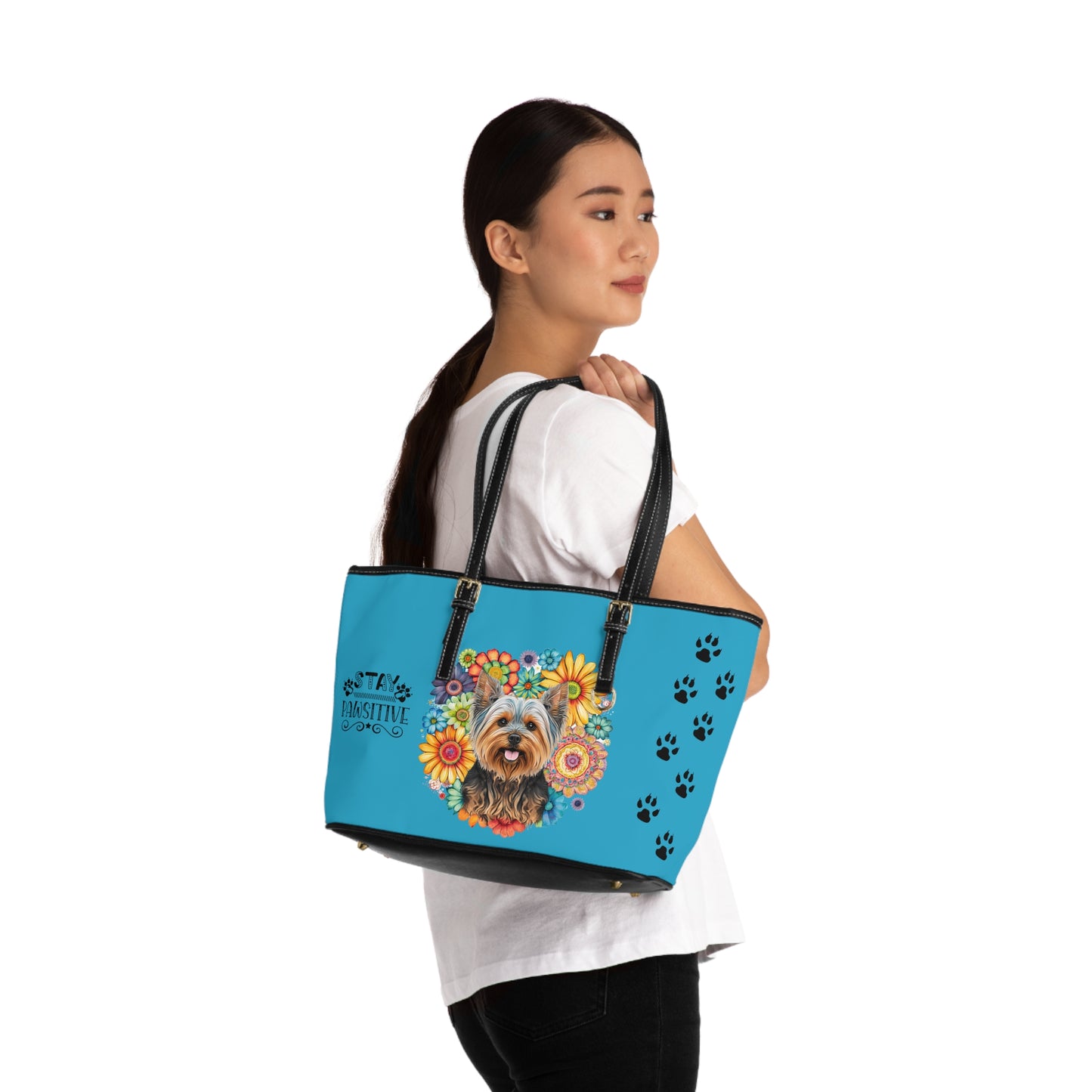 Yorkshire Terrier Leather Shoulder Bag Turquoise two Yorkie pictures You Had Me at Woof Stay Pawsitive