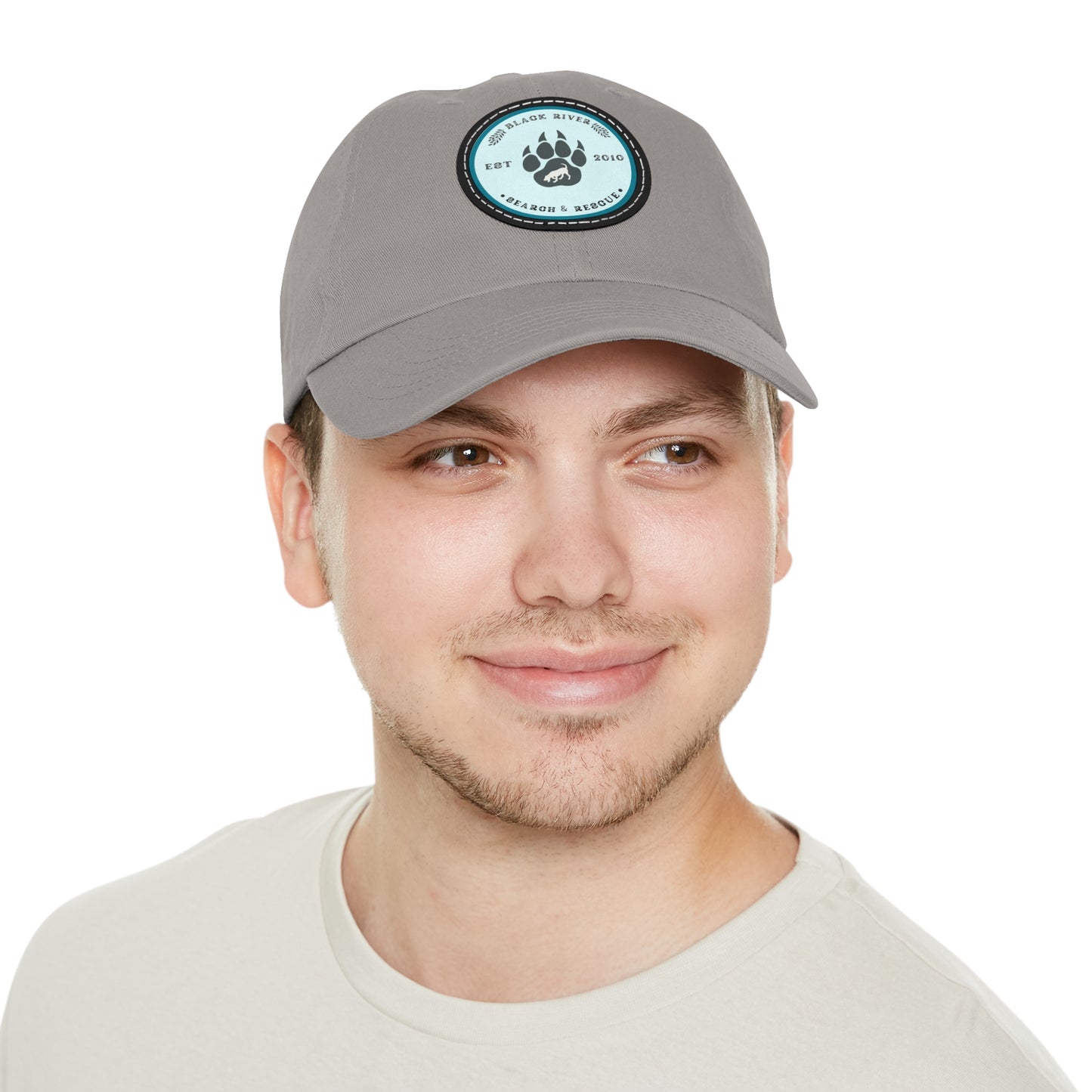 Unisex Hat with Leather Patch (Round), Black River Search & Rescue Logo, Turquoise patch