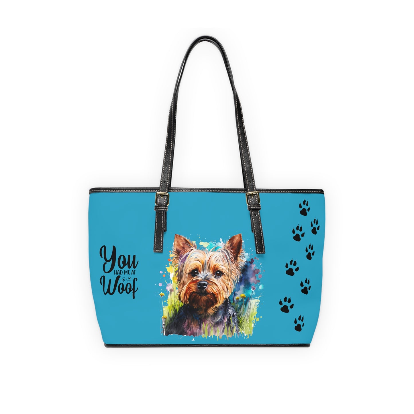 Yorkshire Terrier Leather Shoulder Bag Turquoise two Yorkie pictures You Had Me at Woof Stay Pawsitive