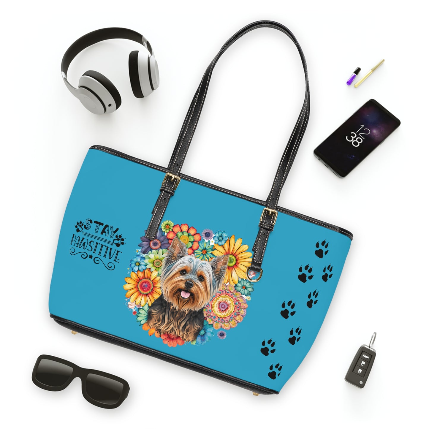 Yorkshire Terrier Leather Shoulder Bag Turquoise two Yorkie pictures You Had Me at Woof Stay Pawsitive