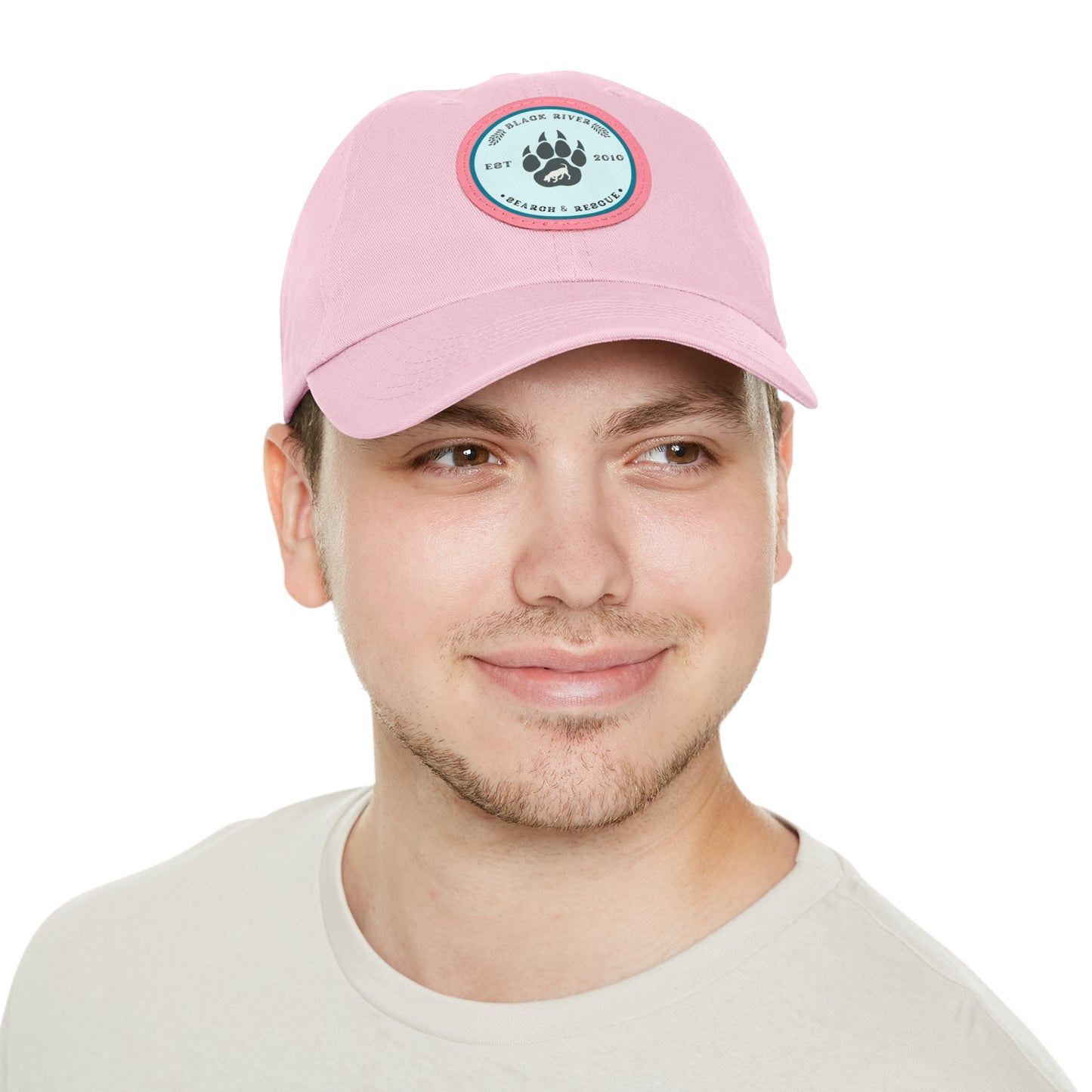 Unisex Hat with Leather Patch (Round), Black River Search & Rescue Logo, Turquoise patch