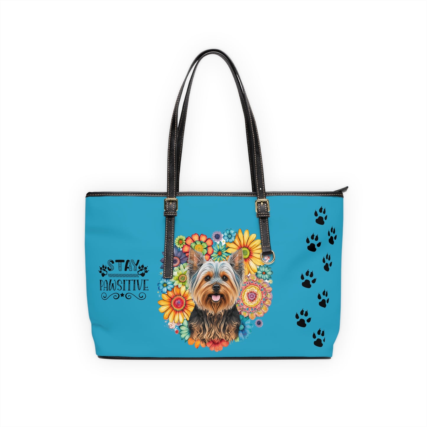 Yorkshire Terrier Leather Shoulder Bag Turquoise two Yorkie pictures You Had Me at Woof Stay Pawsitive