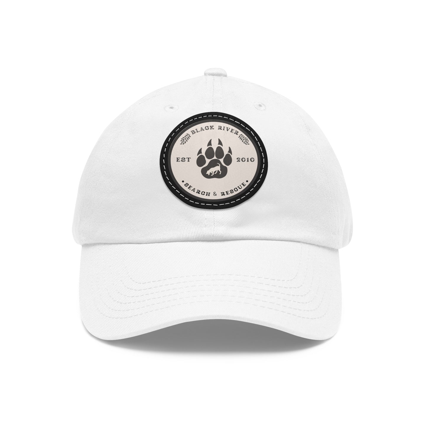 Unisex Hat with Leather Patch (Round), Black River Search & Rescue Logo, Beige patch