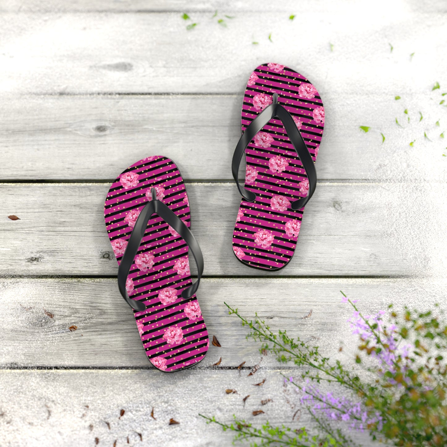 Bright Pink rose and black striped Flip Flops
