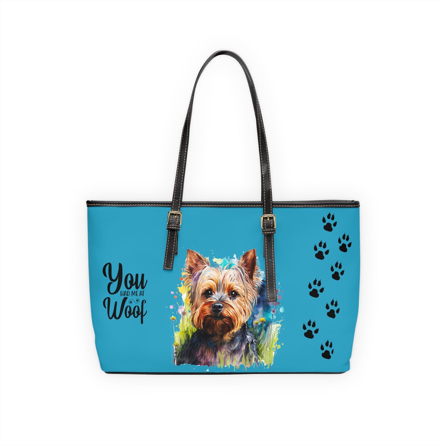 Yorkshire Terrier Leather Shoulder Bag Turquoise two Yorkie pictures You Had Me at Woof Stay Pawsitive