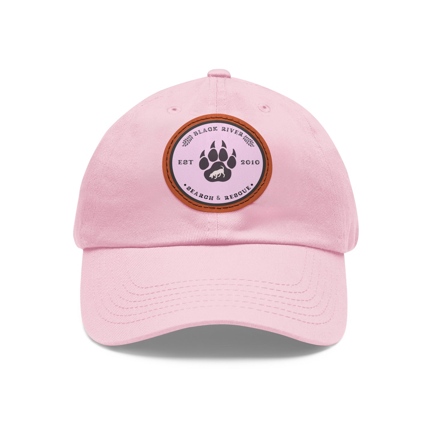 Copy of Unisex Hat with Leather Patch (Round), Black River Search & Rescue Logo, Pink patch