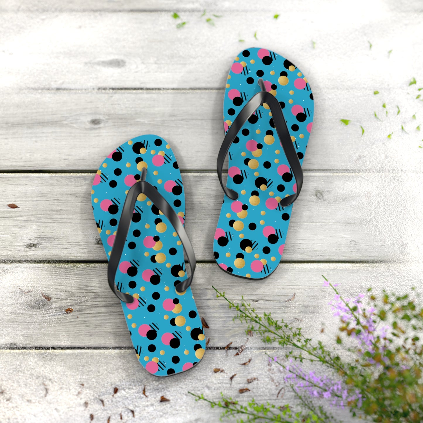 Turquoise pink, black gold polka dot Flip Flops