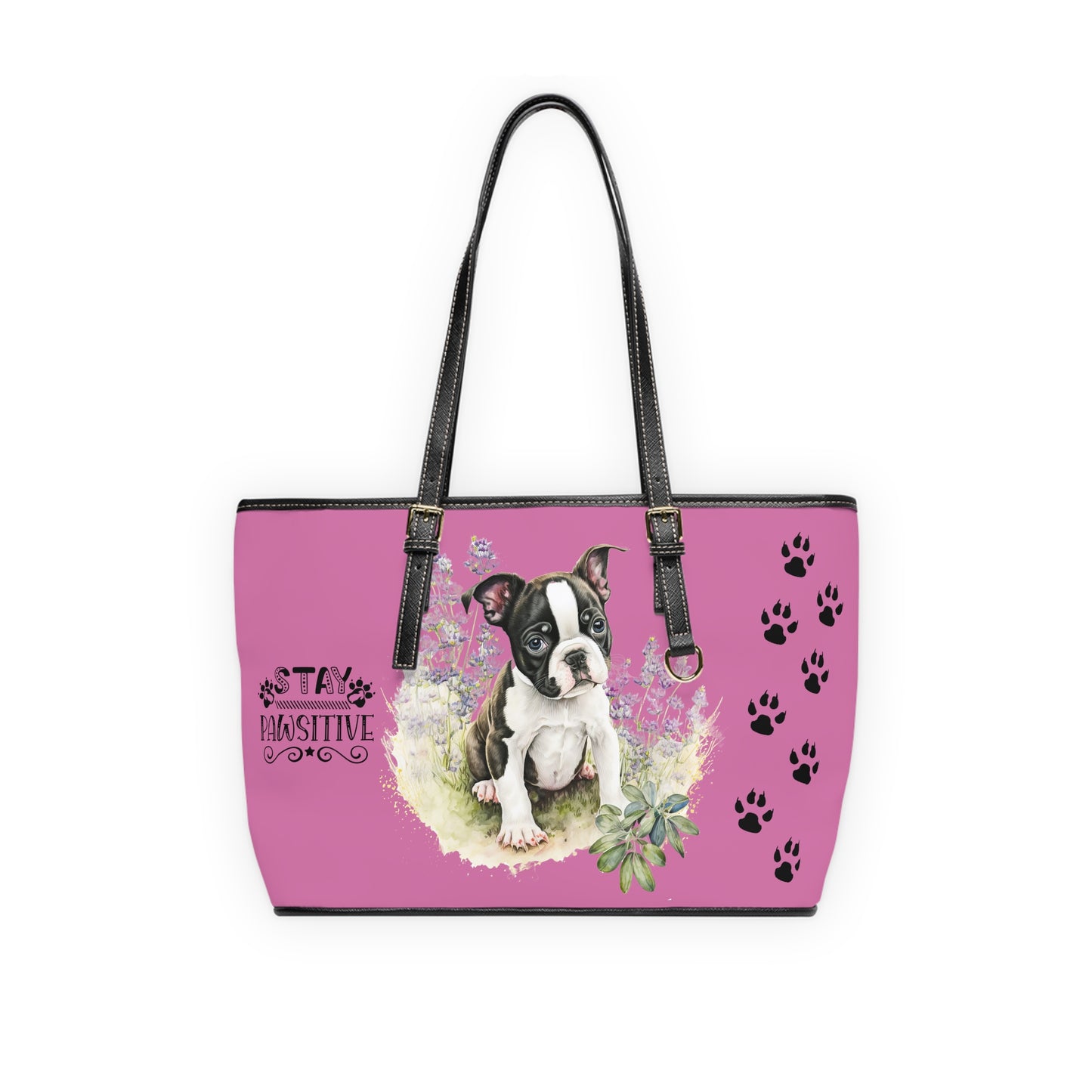 Boston Terrier Puppy Leather Shoulder Pink Bag two Boston Terrier puppies You Had Me at Woof Stay Pawsitive