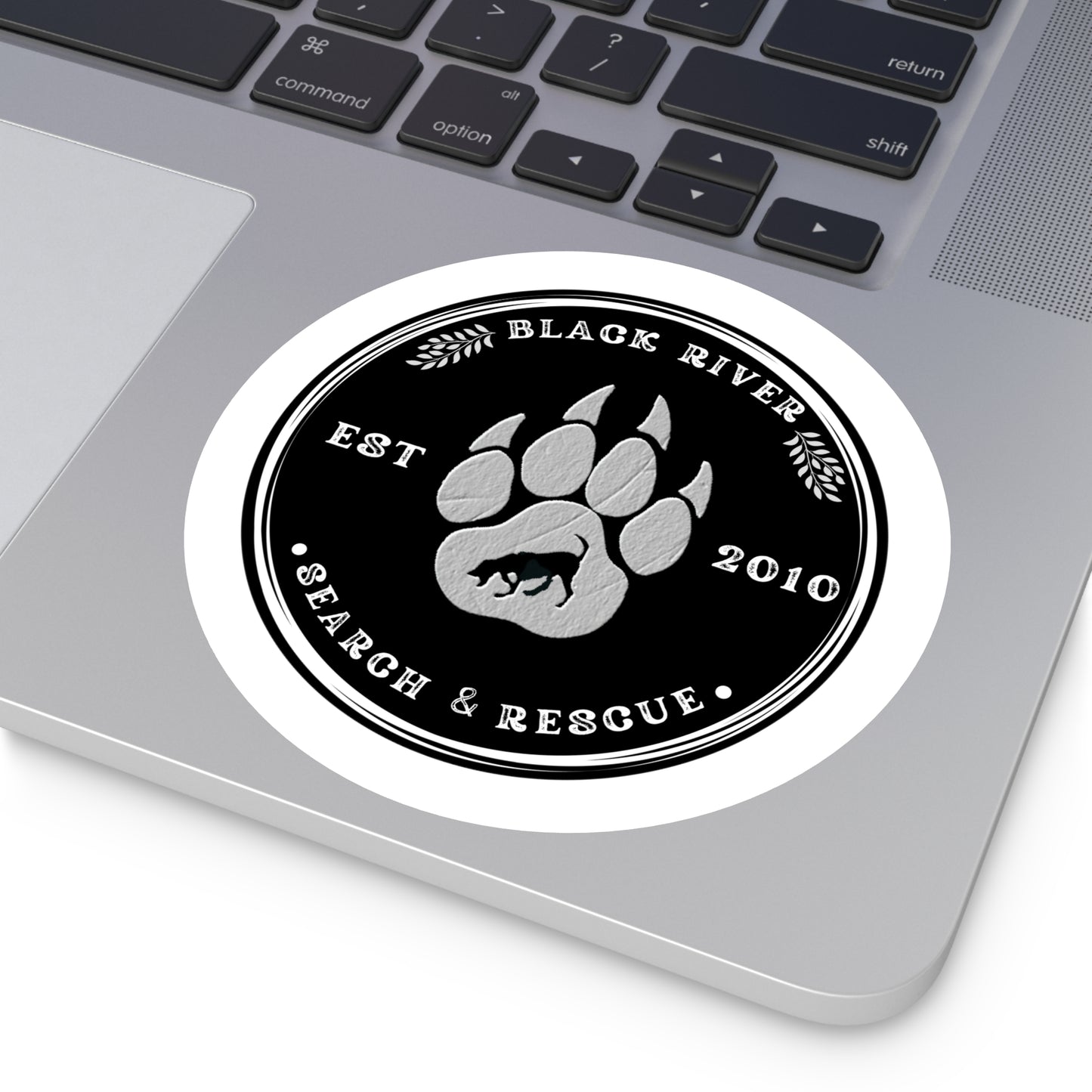 BRSAR Logo Round Stickers, Indoor\Outdoor, Multiple sizes, White leather look on Black