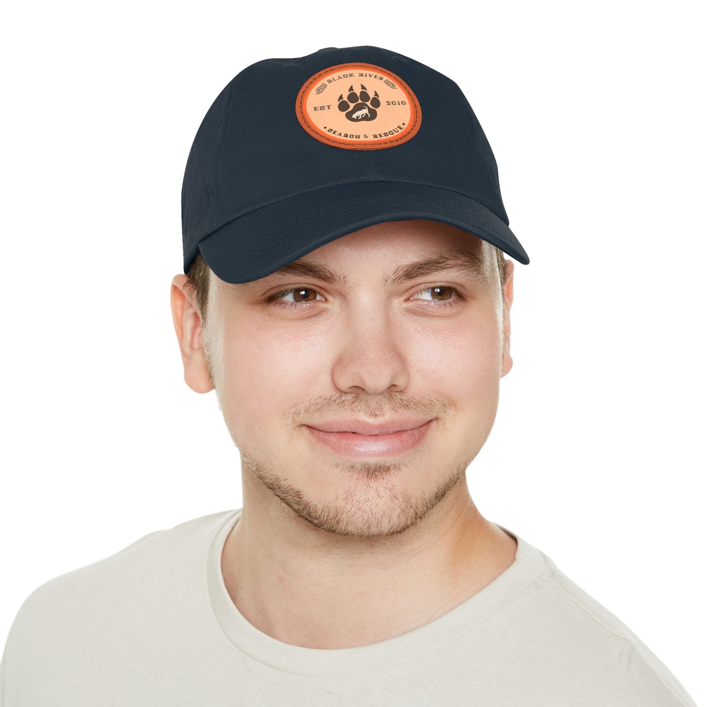 Copy of Unisex Hat with Leather Patch (Round), Black River Search & Rescue Logo, Orange patch