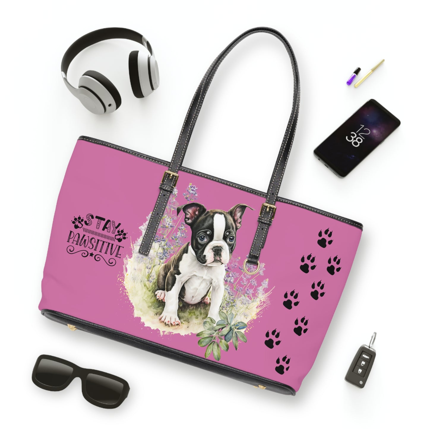 Boston Terrier Puppy Leather Shoulder Pink Bag two Boston Terrier puppies You Had Me at Woof Stay Pawsitive