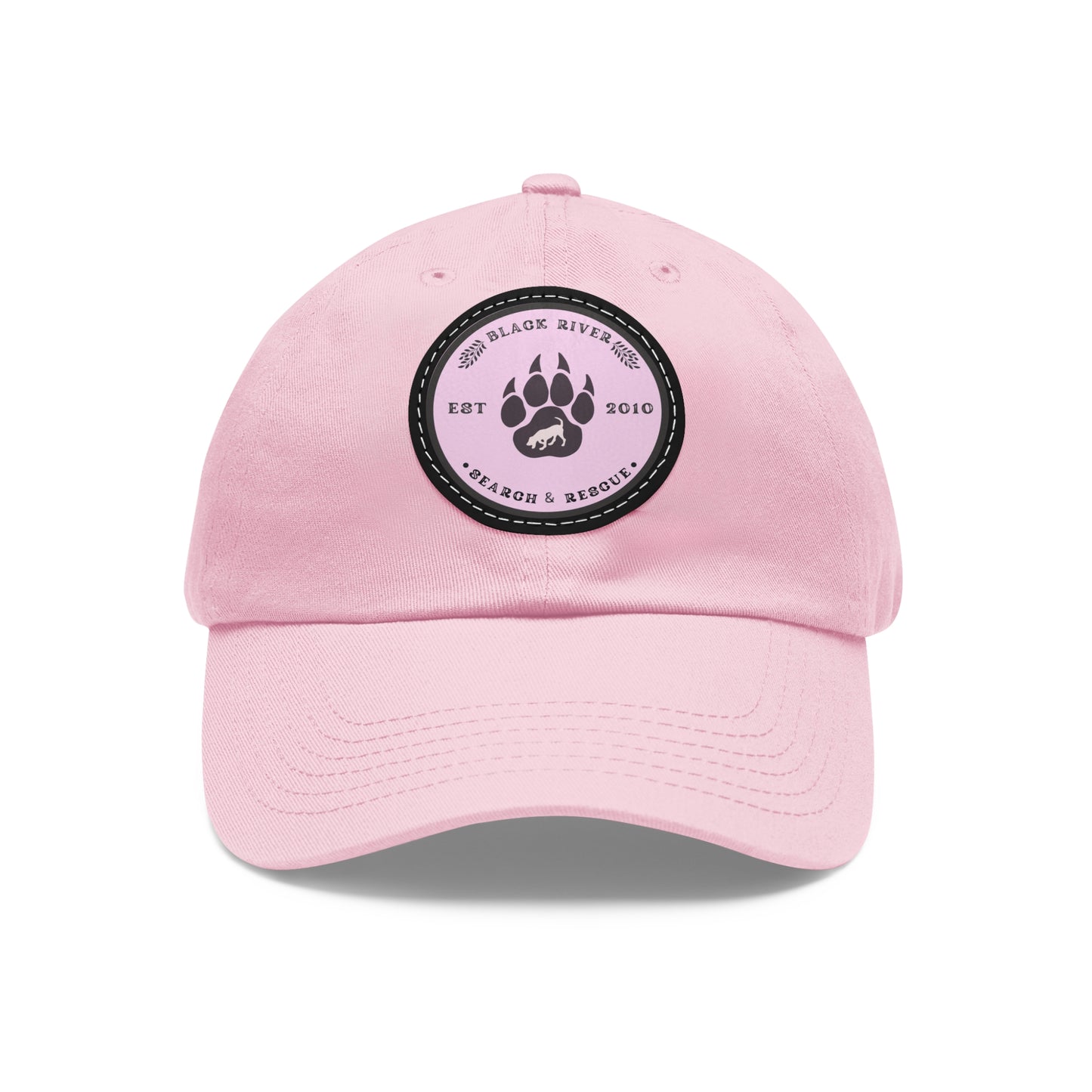 Copy of Unisex Hat with Leather Patch (Round), Black River Search & Rescue Logo, Pink patch