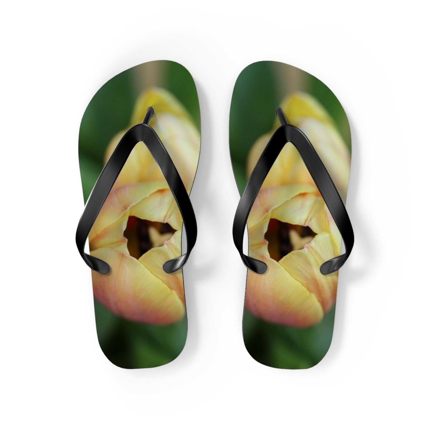 Flip Flops, tulips, peach, yellow, flowers