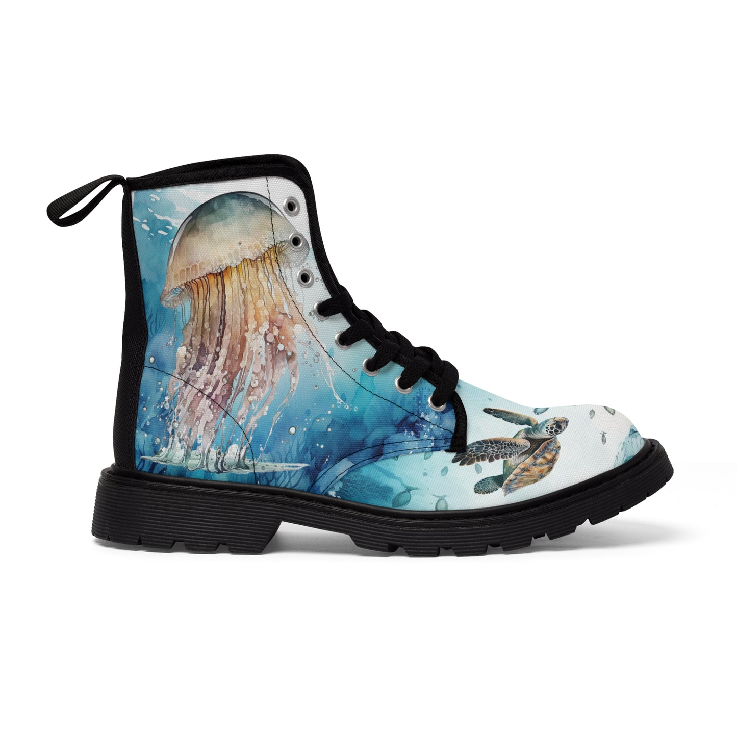 Women's Canvas Boots, Under the sea, seahorse, sea turtle, octopus