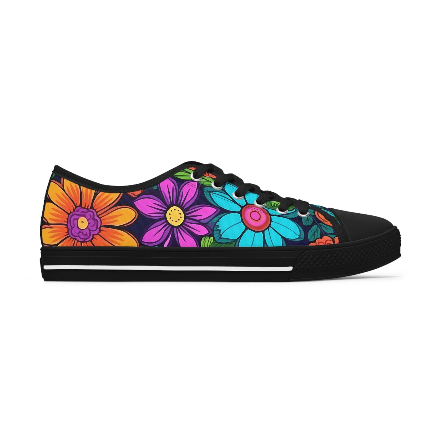 Women's Low Top Sneakers, Retro Flowers, Purple, Aqua, Multi-color floral