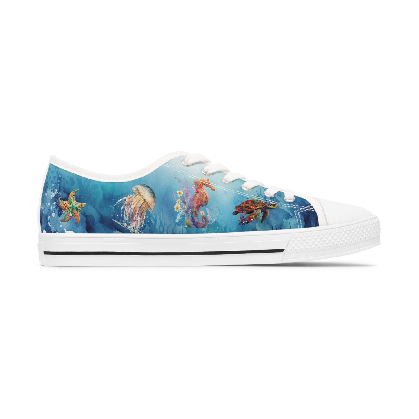 Women's Low Top Sneakers, Under Sea, Jellyfish, Turtle, Seahorse, Starfish