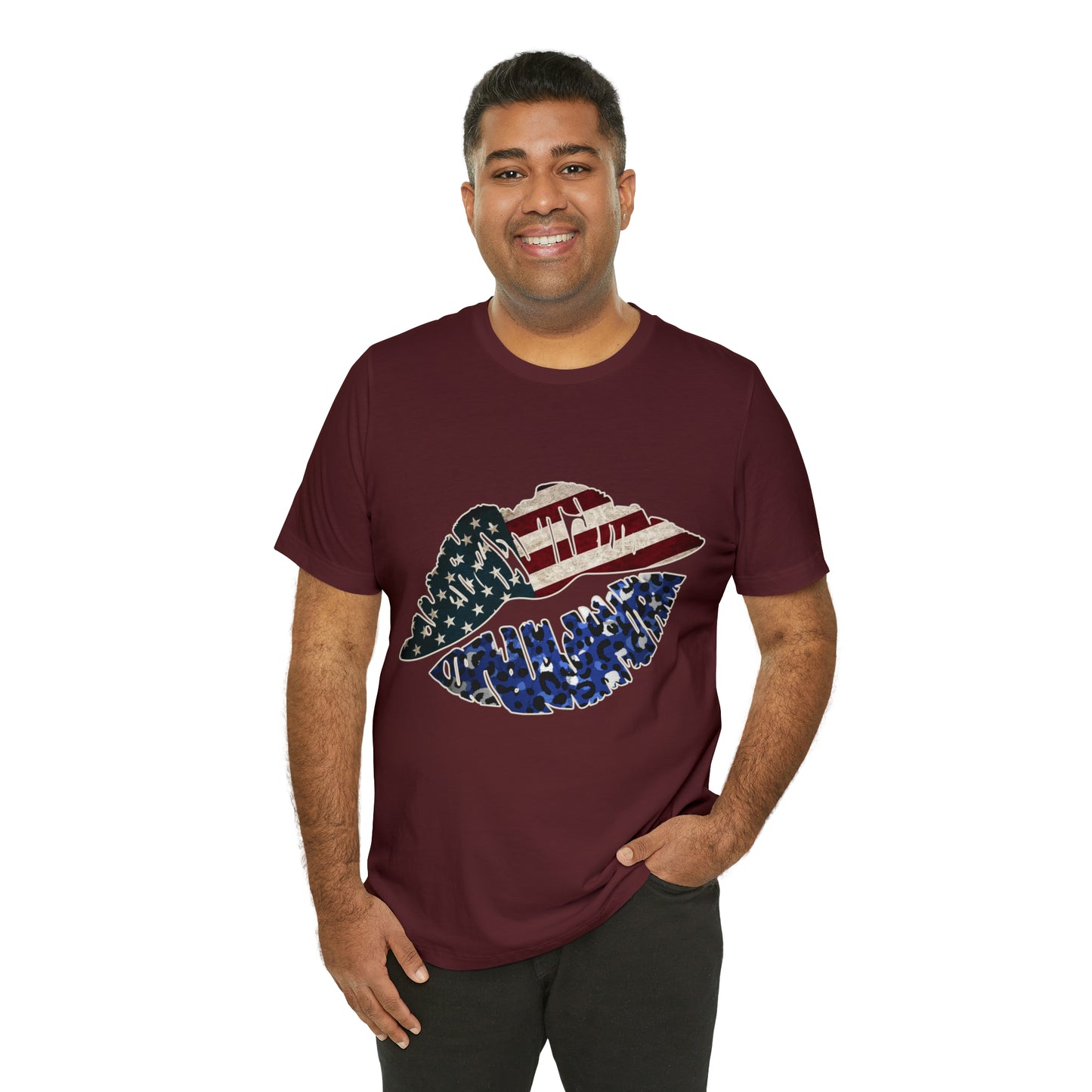 American Flag Lips 4th of July Unisex Jersey Short Sleeve Tee Patriotic Retro