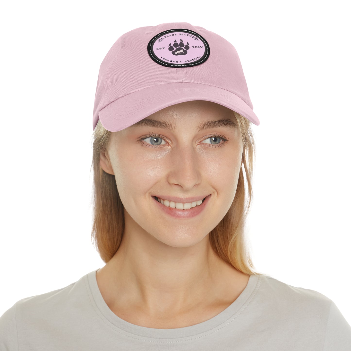 Copy of Unisex Hat with Leather Patch (Round), Black River Search & Rescue Logo, Pink patch