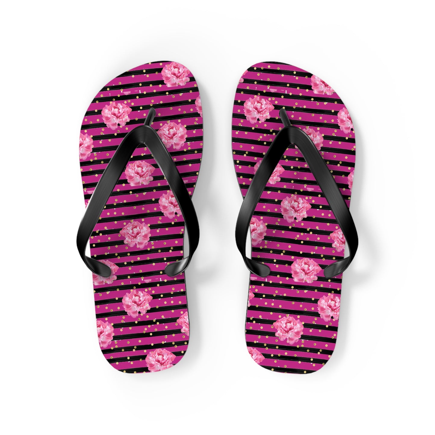 Bright Pink rose and black striped Flip Flops