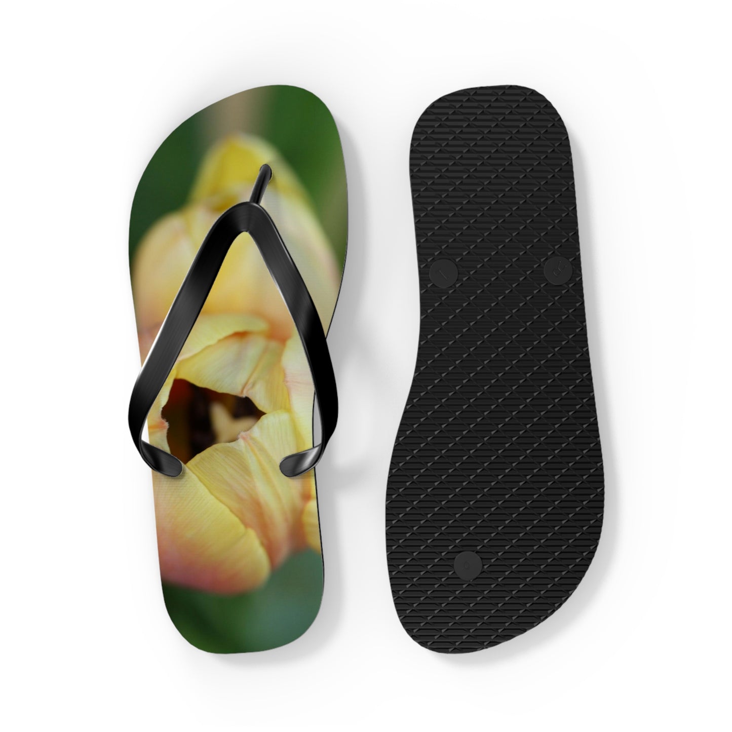 Flip Flops, tulips, peach, yellow, flowers