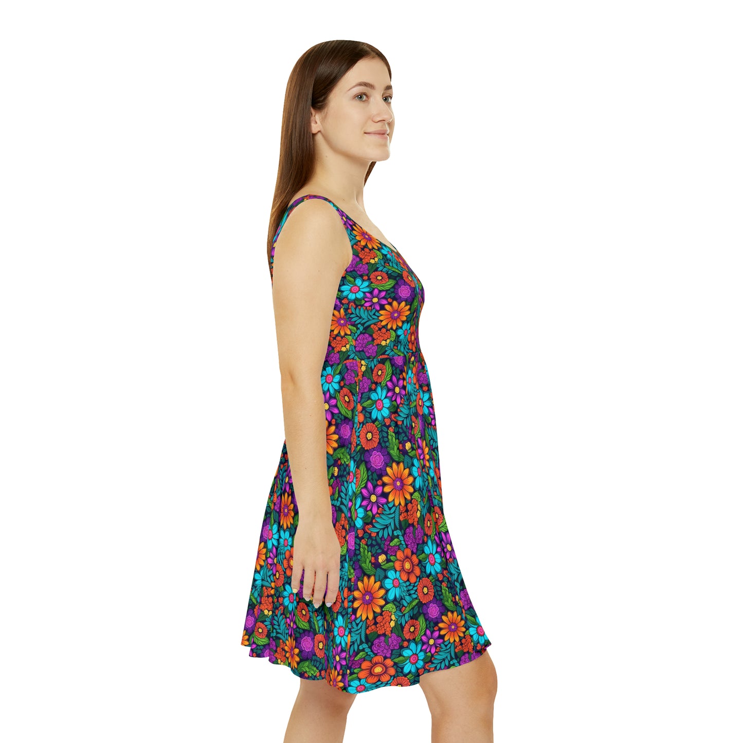 Women's Skater Dress (AOP), Multi-color, Retro, Flowers, Purple, Aqua