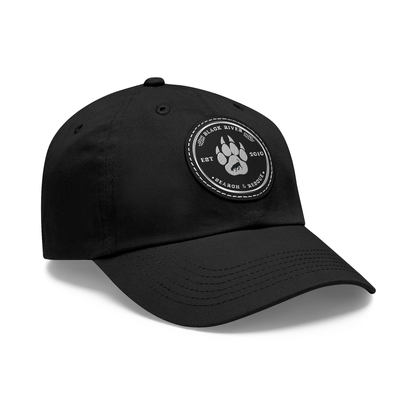 Unisex Hat with Leather Patch (Round), Black River Search & Rescue Logo, black & white patch