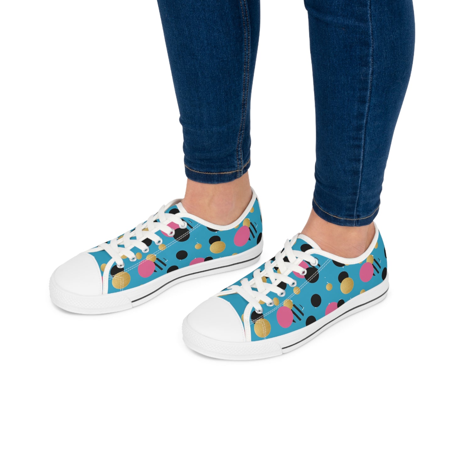 Turquoise pink black and gold polka dot Print Women's Low Top Sneakers