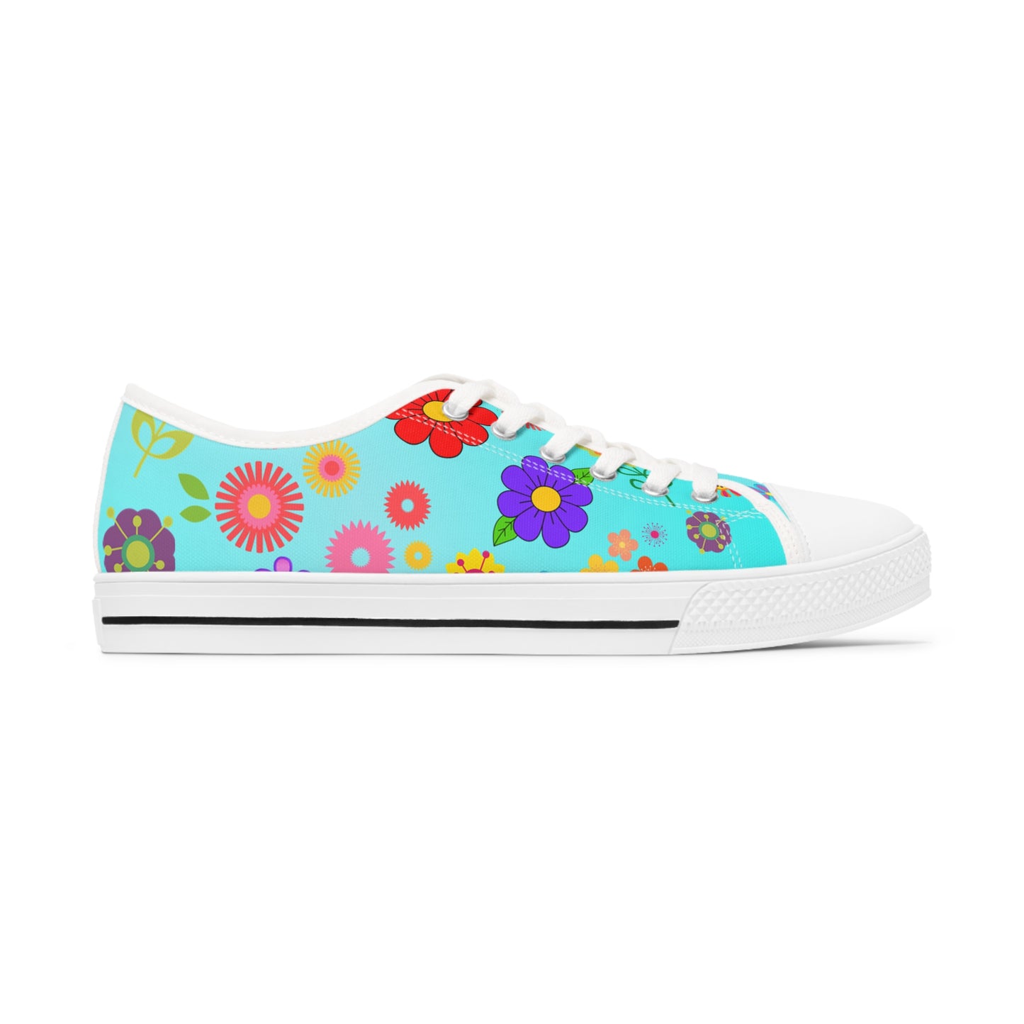 Women's Low Top Sneakers, Retro Flowers, Aqua, Multi-color flowers