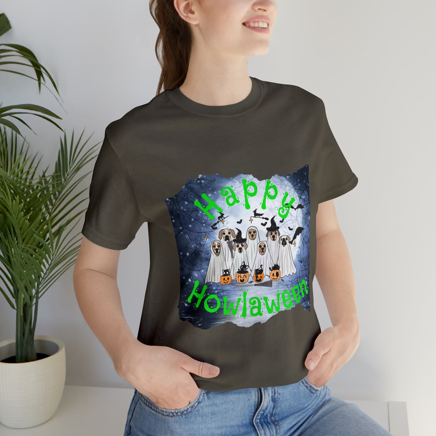 Happy Howlaween Dog Green Short Sleeve Tee, Halloween shirt