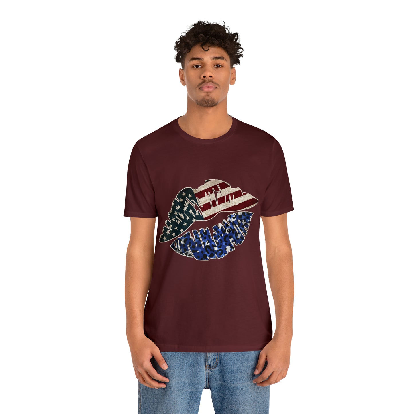 American Flag Lips 4th of July Unisex Jersey Short Sleeve Tee Patriotic Retro