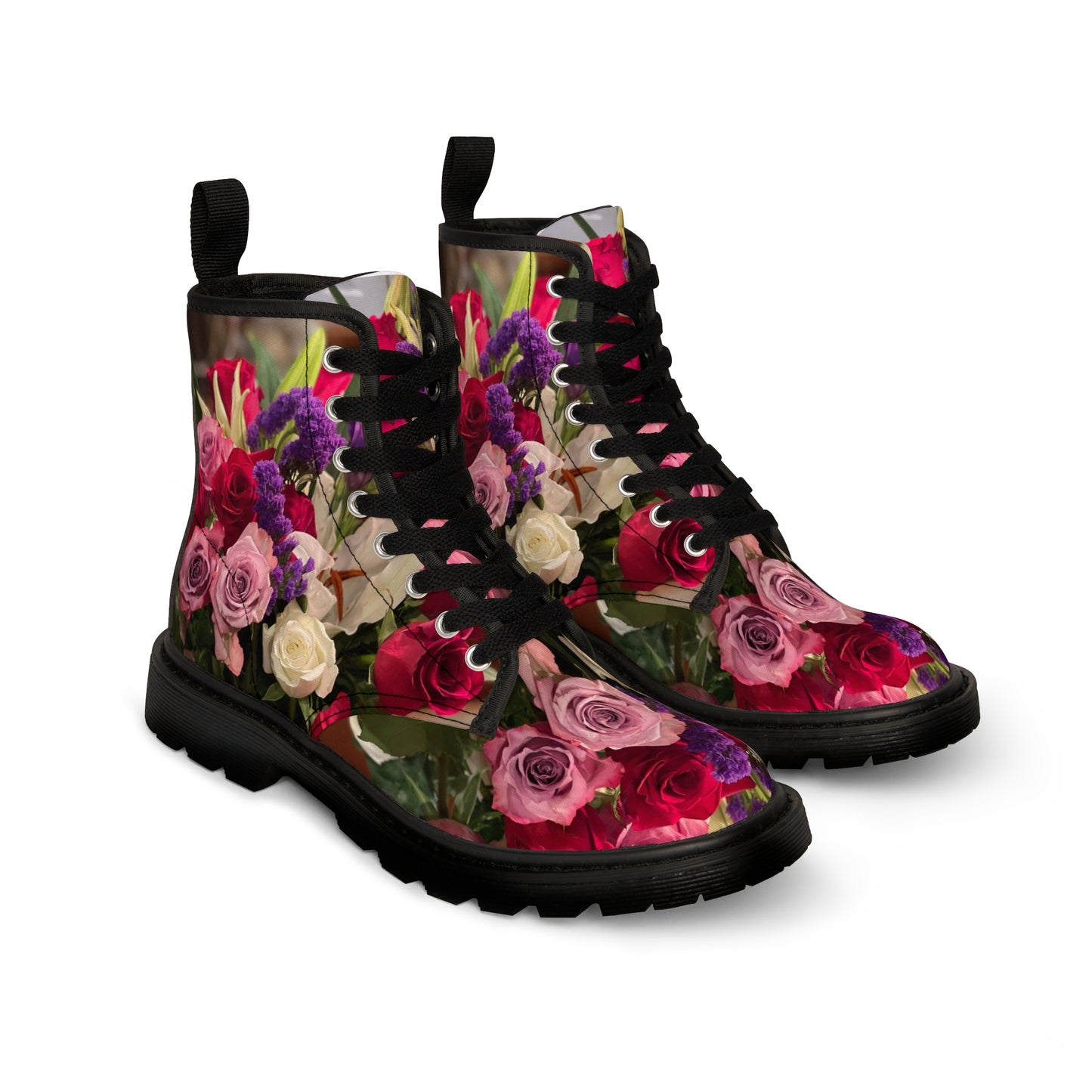 Women's Canvas Boots, Roses, Red, Purple, Flowers