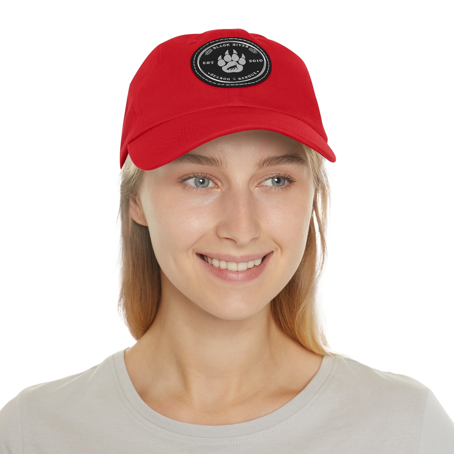 Unisex Hat with Leather Patch (Round), Black River Search & Rescue Logo, black & white patch