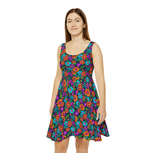 Women's Skater Dress (AOP), Multi-color, Retro, Flowers, Purple, Aqua