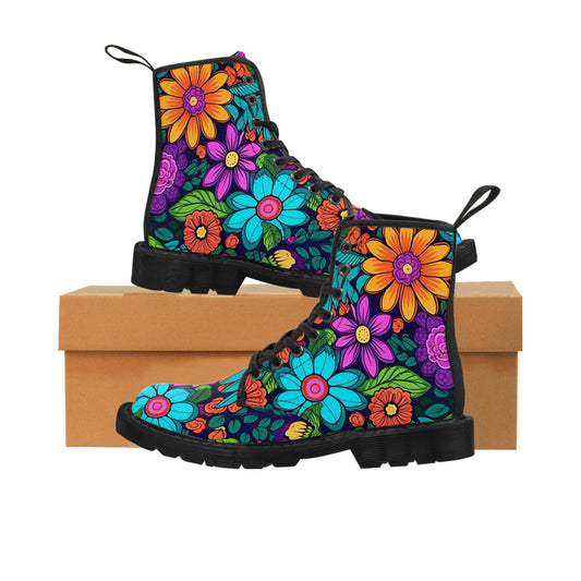 Women's Canvas Boots, Daisies, Sunflowers, Yellow, Purple, Aqua, Flowers, Retro