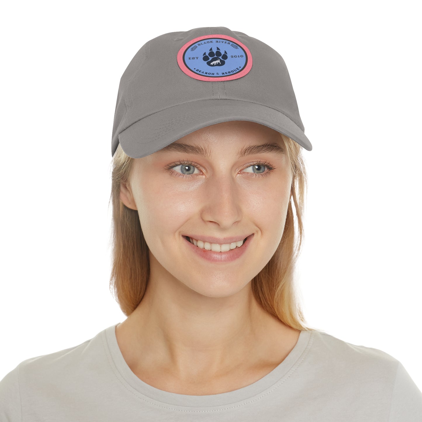 Copy of Unisex Hat with Leather Patch (Round), Black River Search & Rescue Logo, Vintage Blue patch