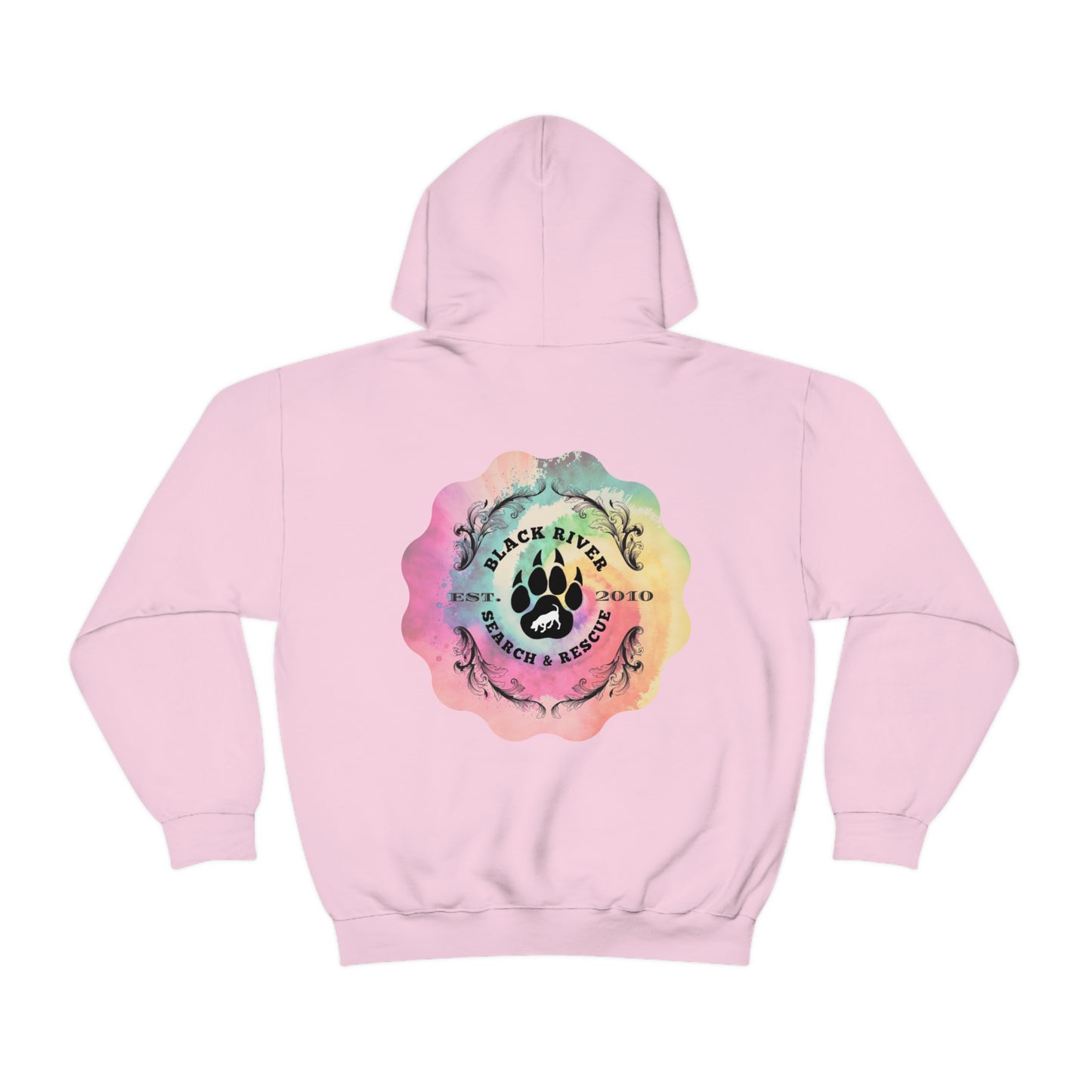 Tie Dye Black River Search & Rescue Logo with Lucy Unisex Heavy Blend™ Hooded Sweatshirt