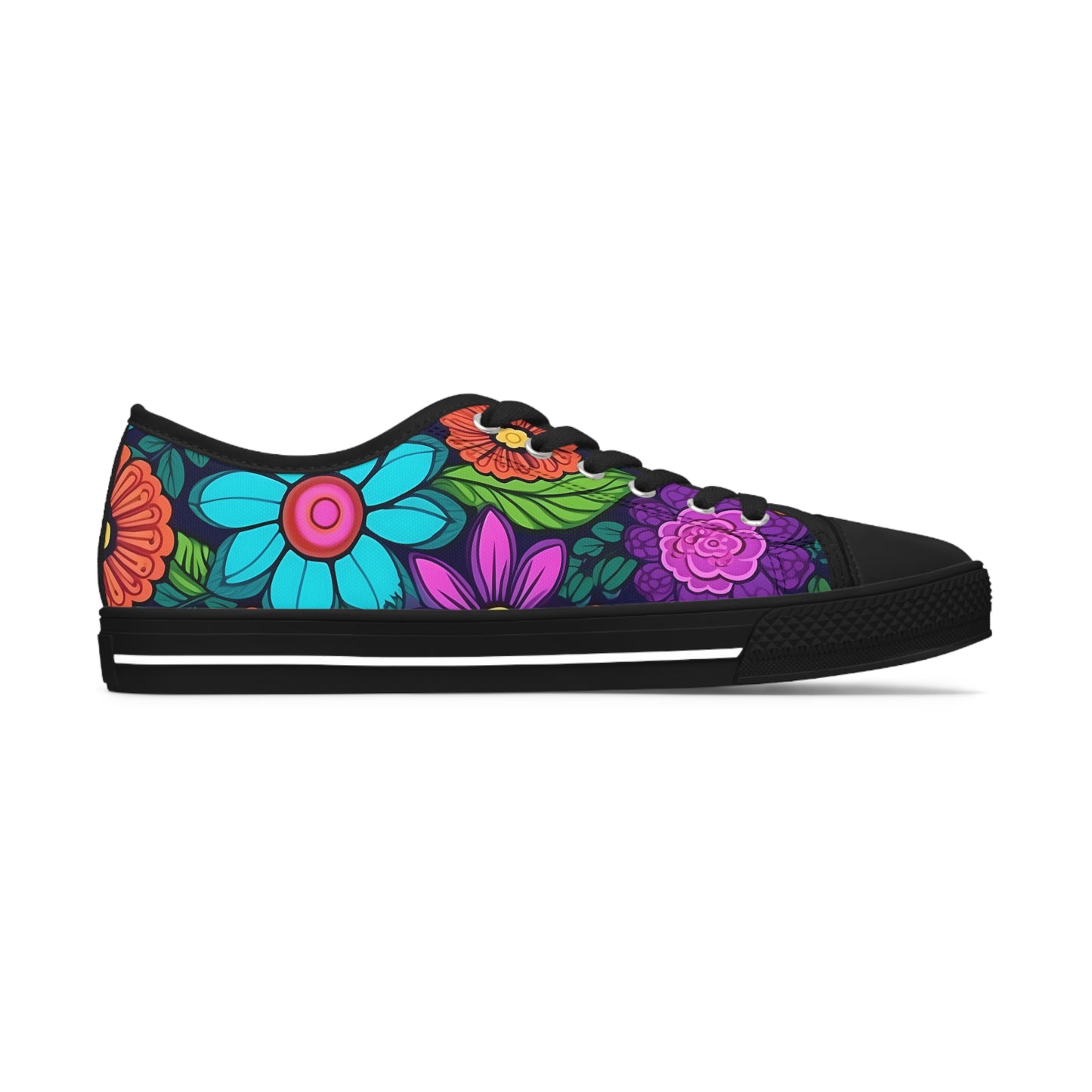 Women's Low Top Sneakers, Retro Flowers, Purple, Aqua, Multi-color floral