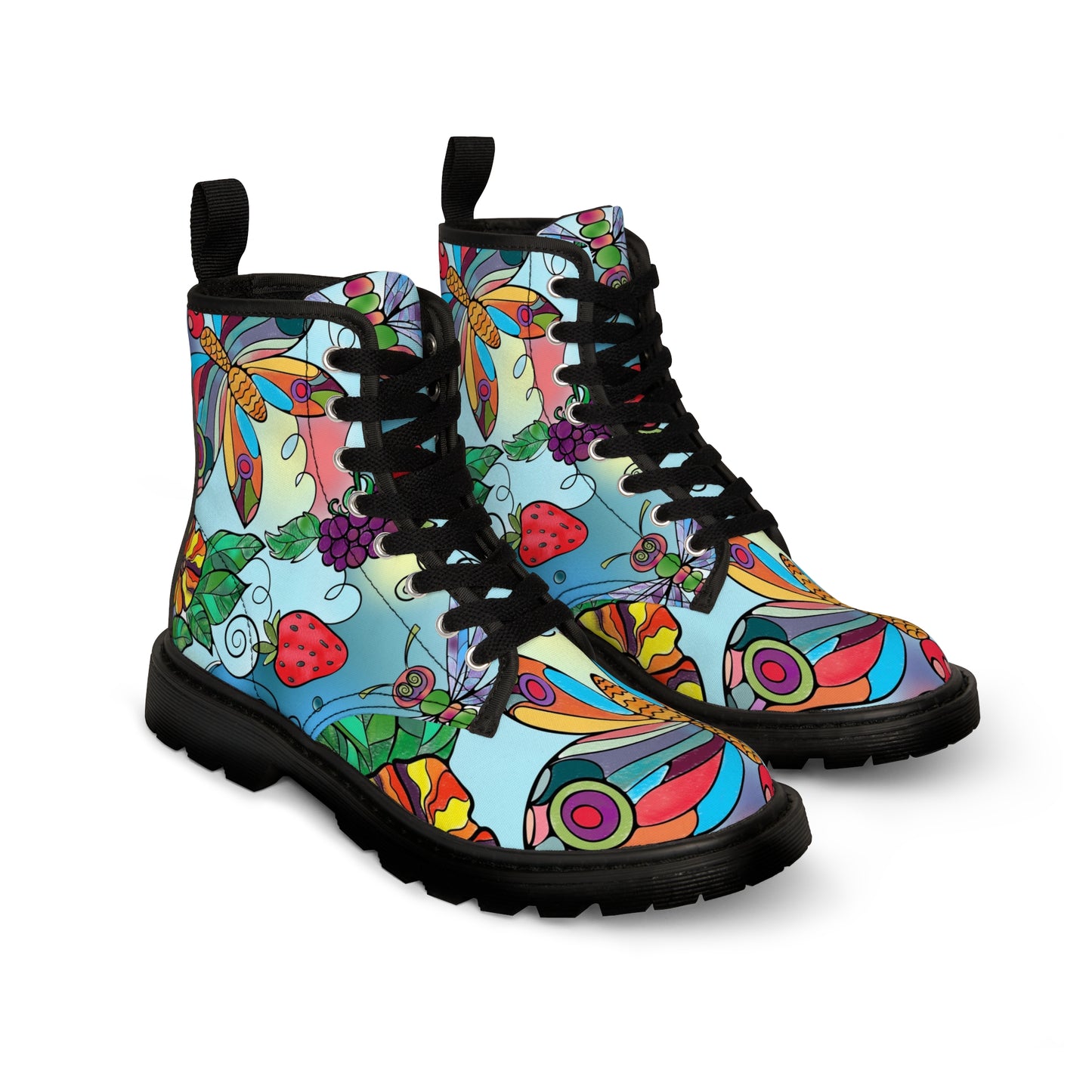 Women's Canvas Boots, watercolor, butterfly, dragonfly, multicolor