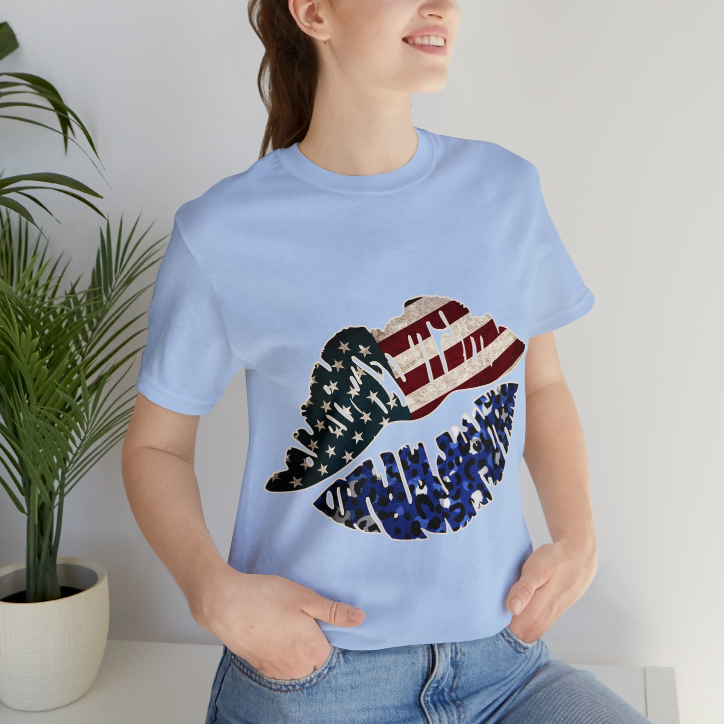 American Flag Lips 4th of July Unisex Jersey Short Sleeve Tee Patriotic Retro
