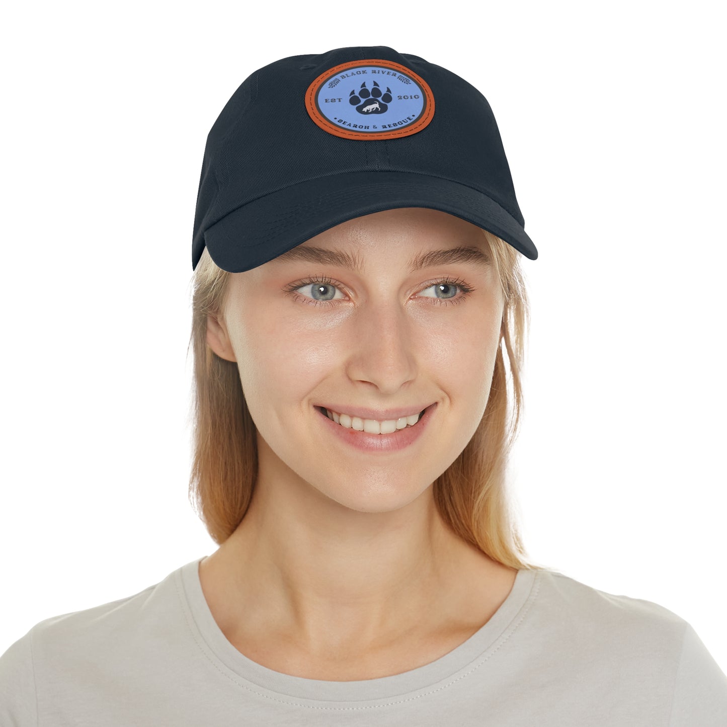 Copy of Unisex Hat with Leather Patch (Round), Black River Search & Rescue Logo, Vintage Blue patch