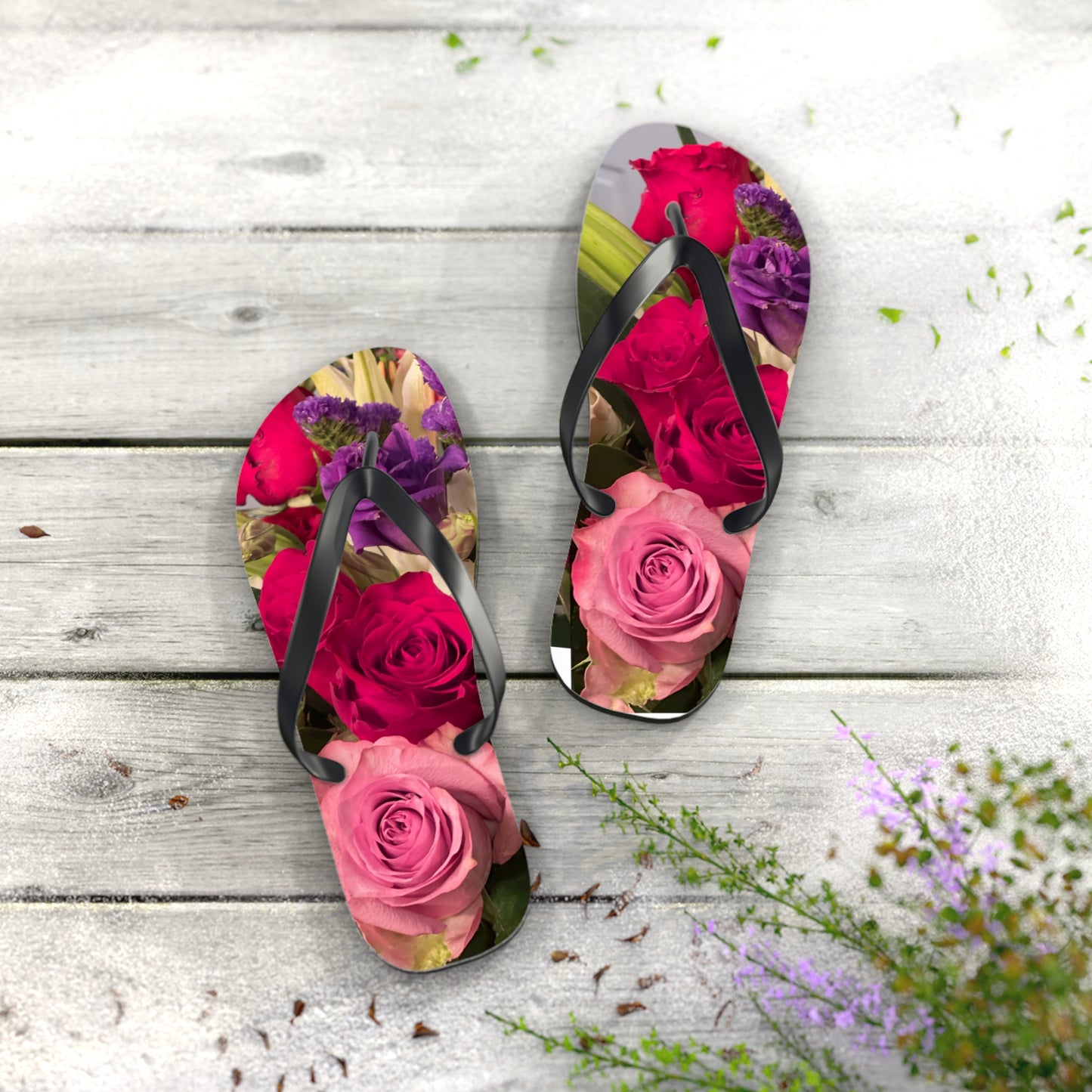 Flip Flops, roses, flowers, red, pink, purple