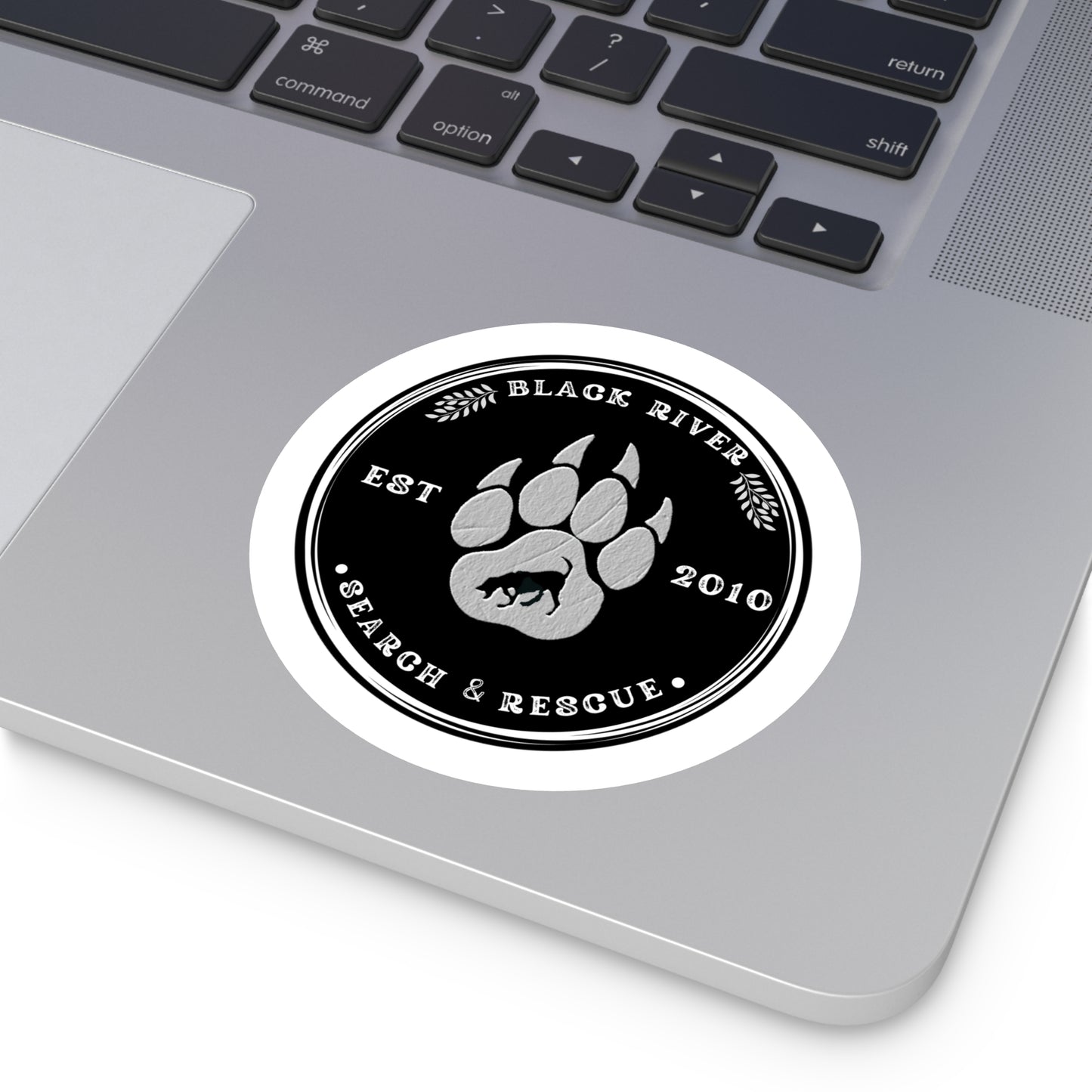 BRSAR Logo Round Stickers, Indoor\Outdoor, Multiple sizes, White leather look on Black