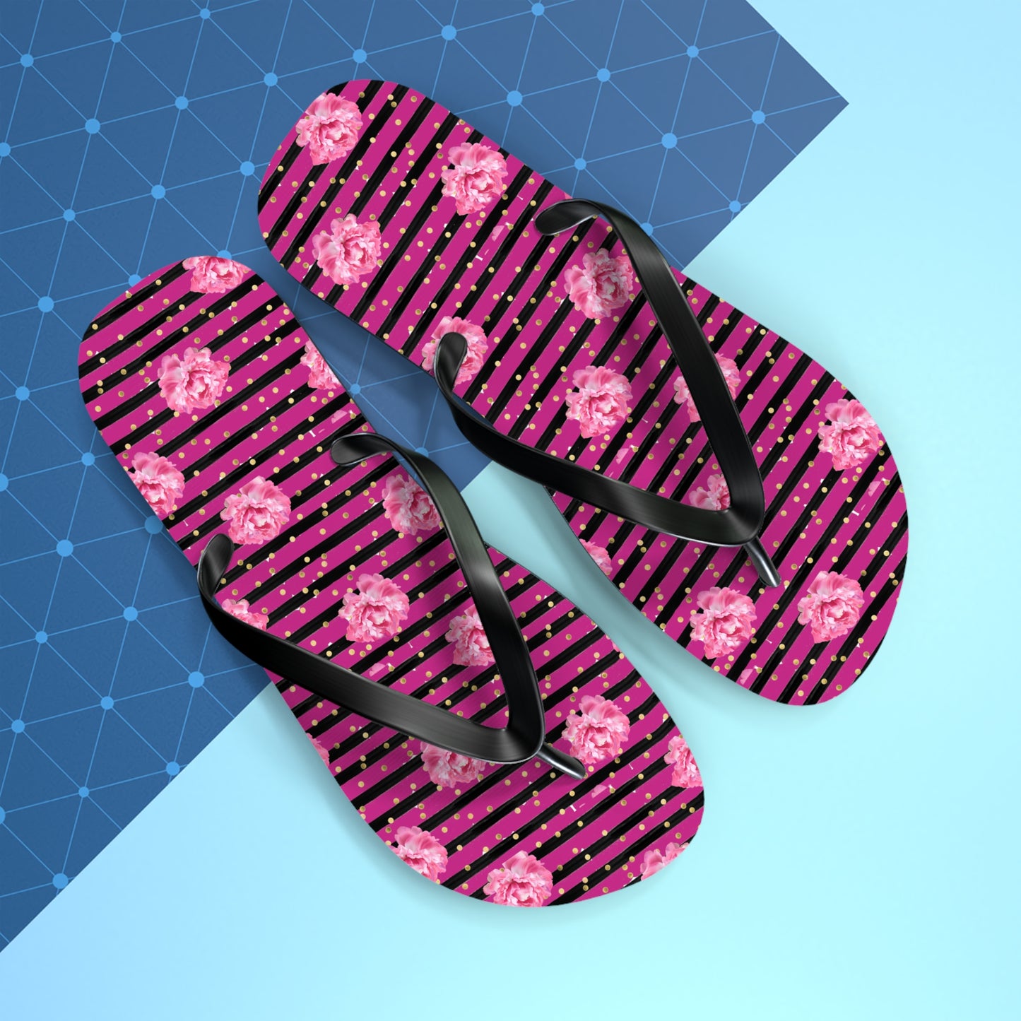 Bright Pink rose and black striped Flip Flops