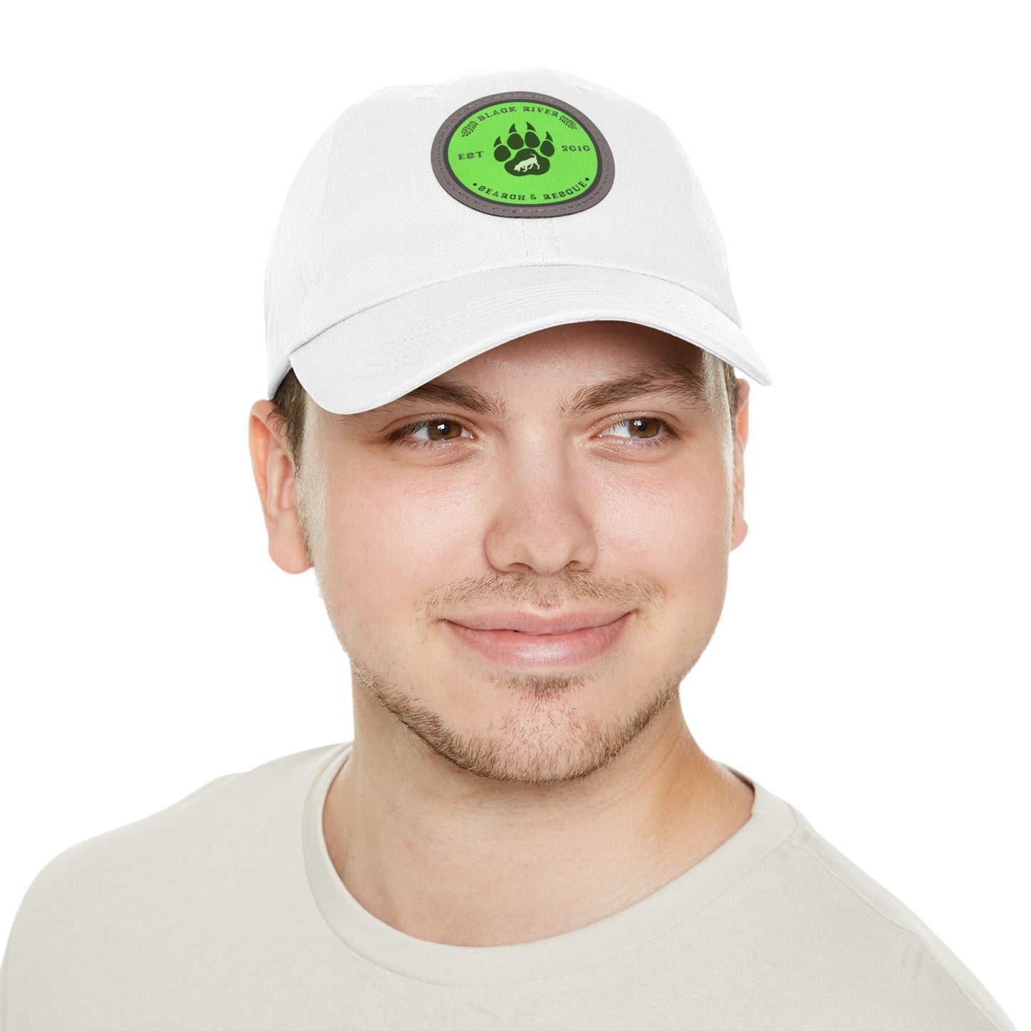 Unisex Hat with Leather Patch (Round), Black River Search & Rescue Logo, Lime Green patch