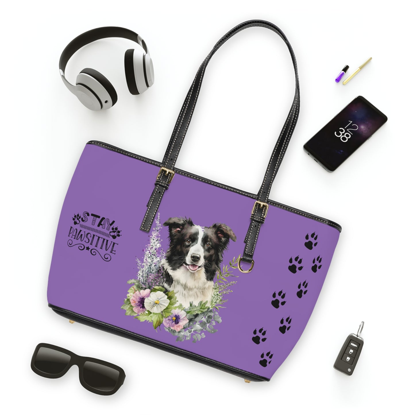 Light Purple Border Collie Leather Shoulder Bag You Had Me at Woof Stay Pawsitive