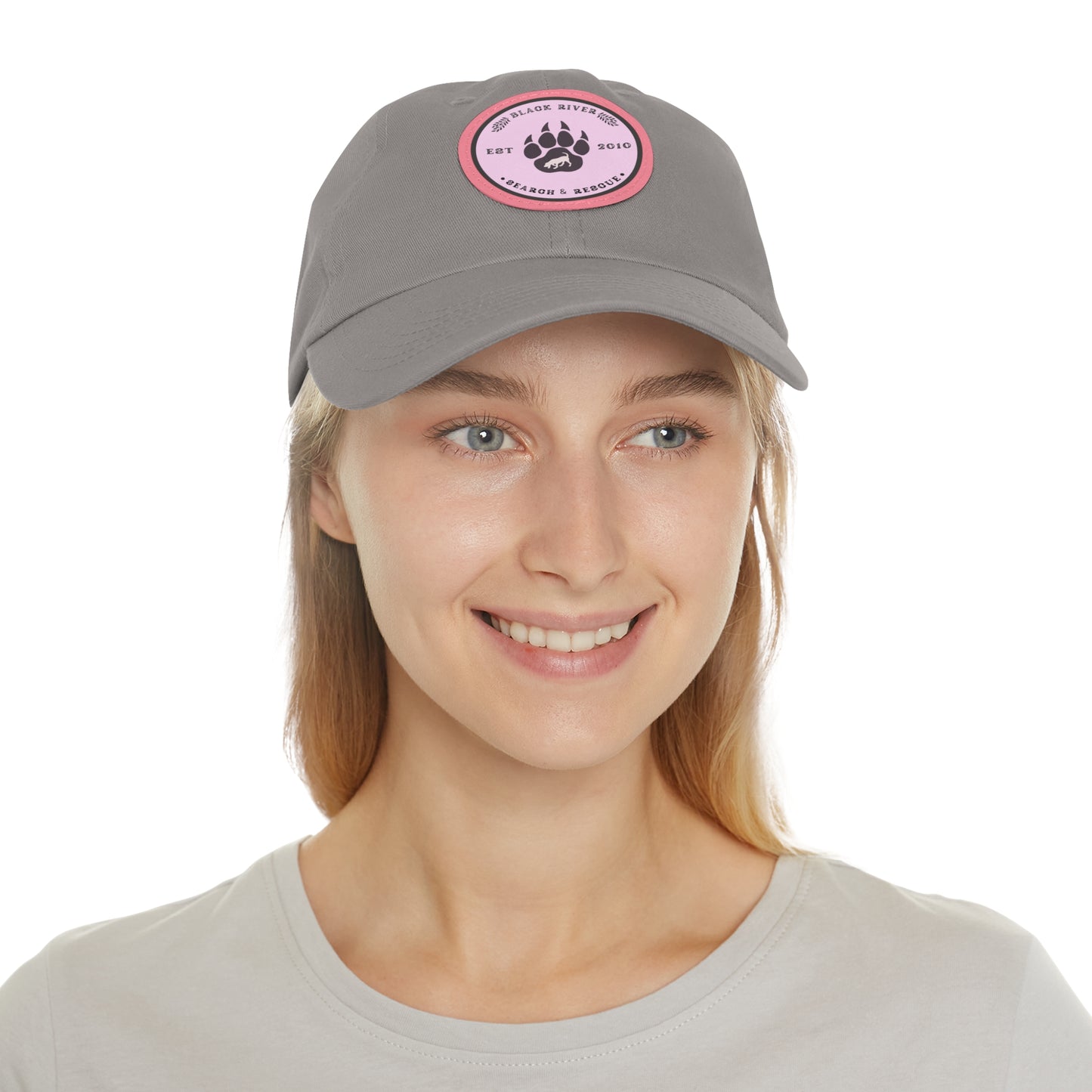 Copy of Unisex Hat with Leather Patch (Round), Black River Search & Rescue Logo, Pink patch