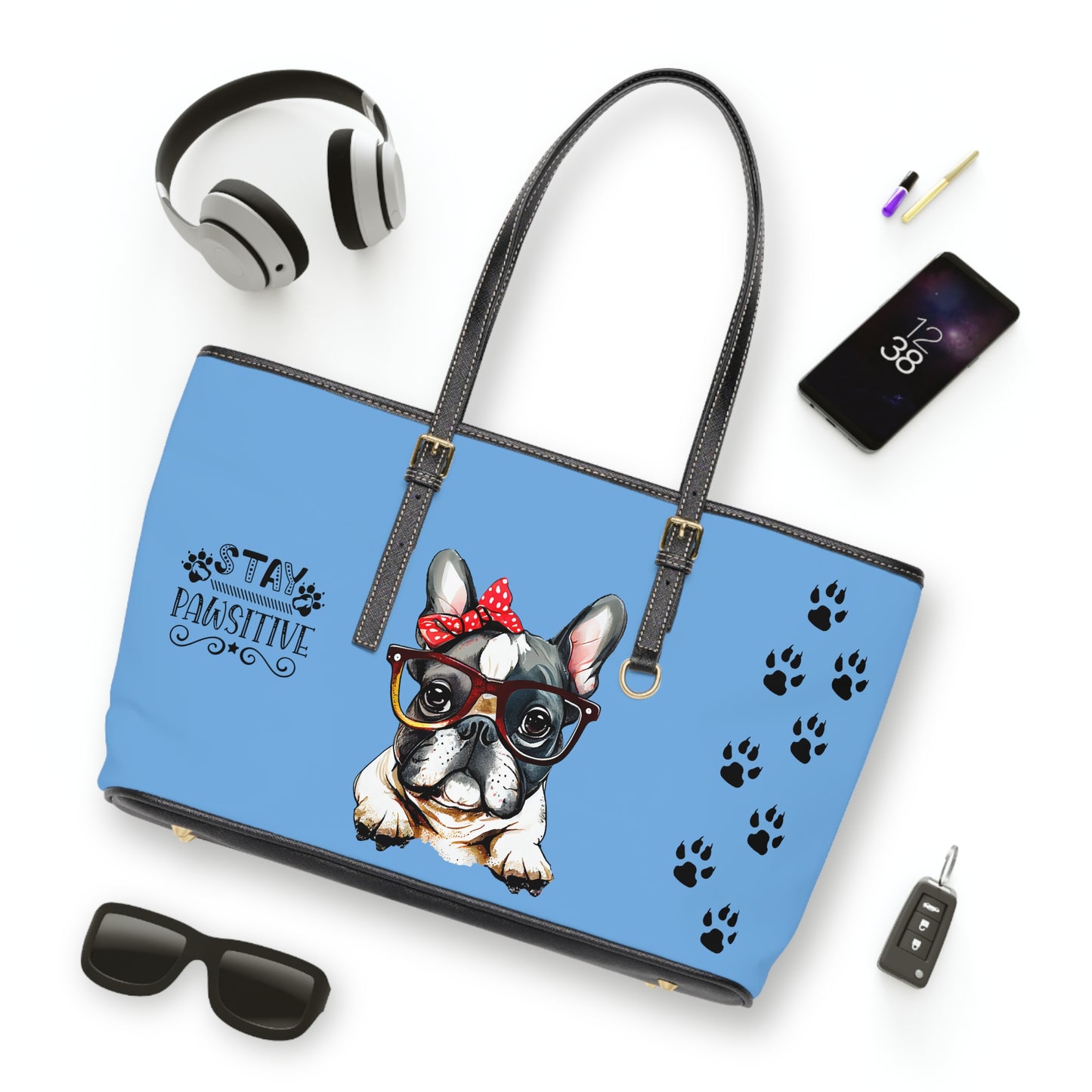 French Bulldog Leather Shoulder Bag light blue two Frenchie pictures You Had Me at Woof Stay Pawsitive