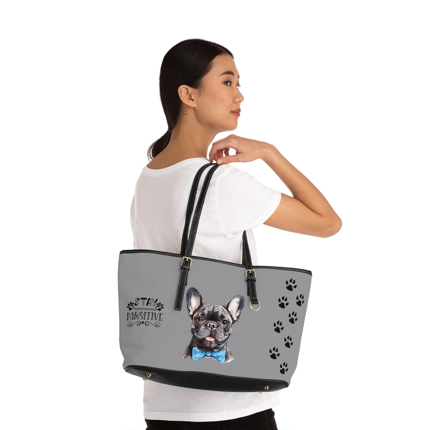 French Bulldog Leather Shoulder Bag Grey two Frenchie pictures You Had Me at Woof Stay Pawsitive